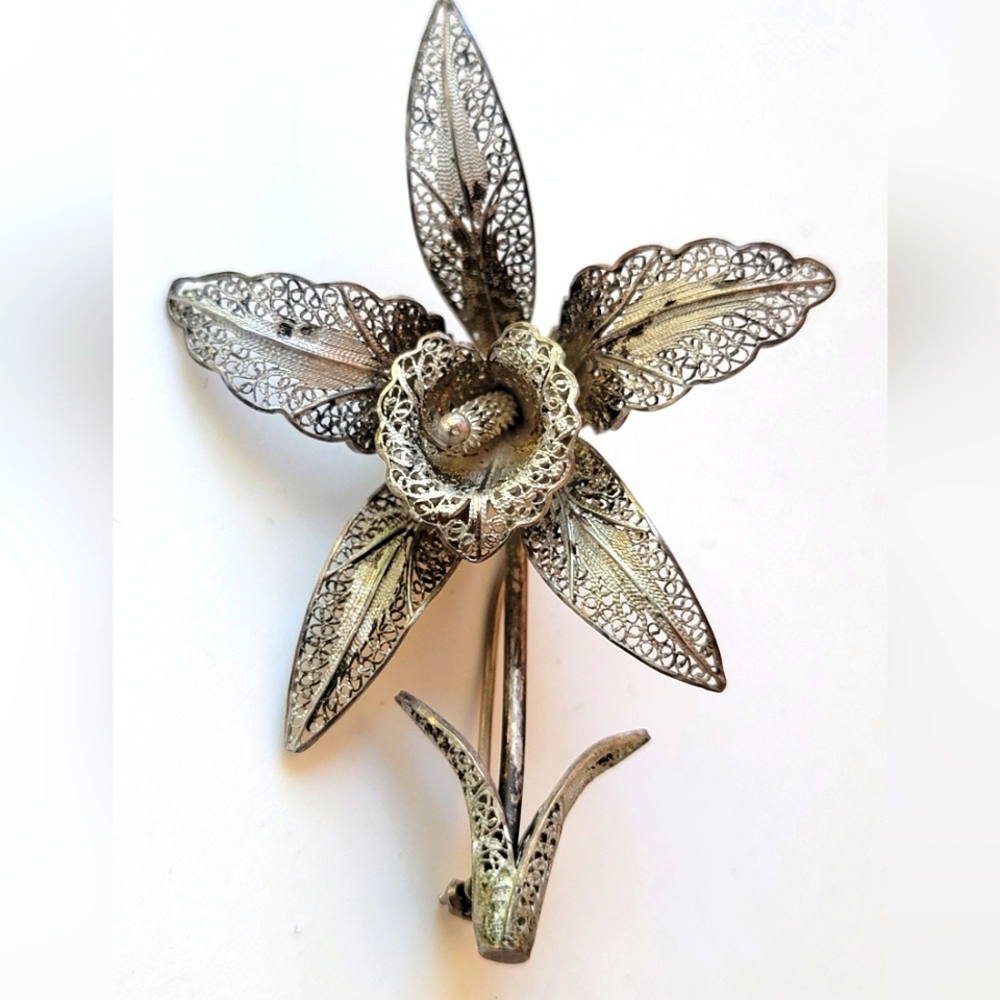 Silver Filigree Orchid Brooch
